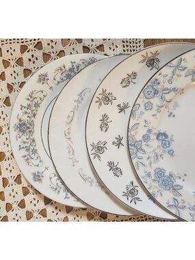 4- Mismatched Fine China Plates ~7.5" Lunch Silver Rims Salad Porcelain Eclectic